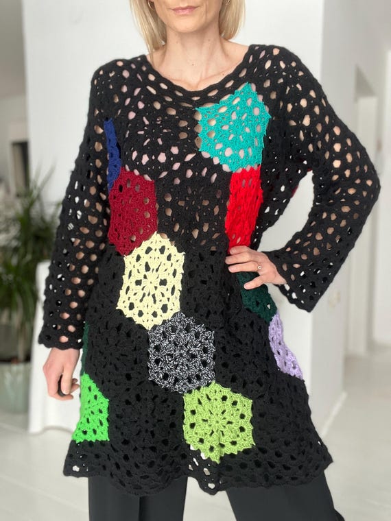 Pull long patchwork, patchwork, multicolore vintage main crochet