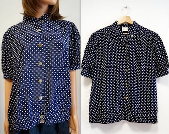 polka dot blouse, navy blue blouse, vintage blouse, retro blouse, size 44