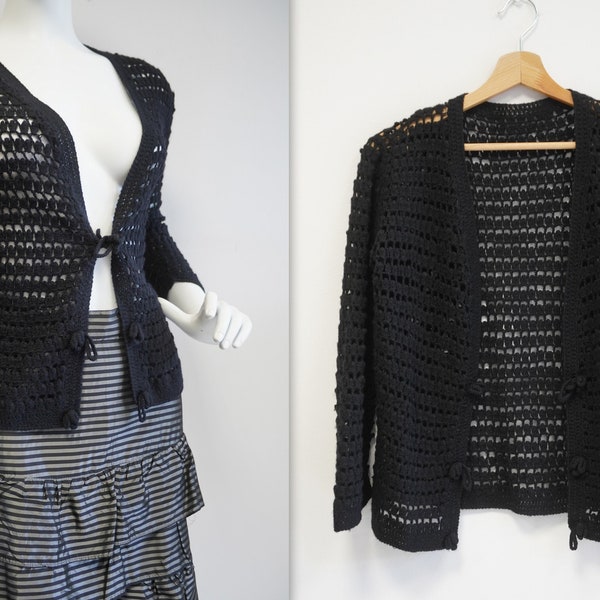 black openwork cardigan vintage knit crochet cardigan sweater, 80s blouse madium size