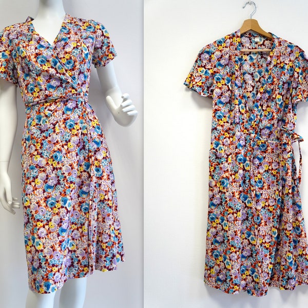 floral vintage dress, floral wrap dress, colorful wrap dress, floral summer dress, size M, cotton dress, vintage