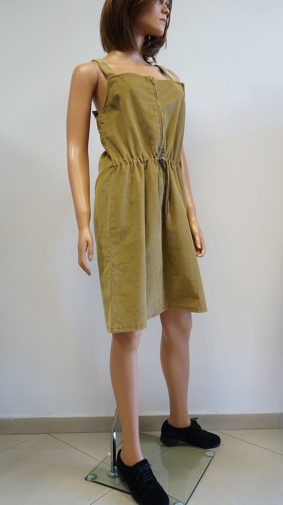 corduroy dress, vintage beige brown, bib dress, m… - image 6