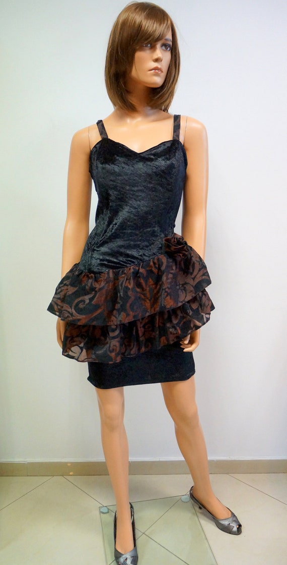 retro dress, black brown frills, lace dress, mini… - image 2