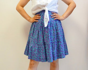 jupe pourpre de coton, mini jupe florale midi en violet, jupe bleue, taille XS,S