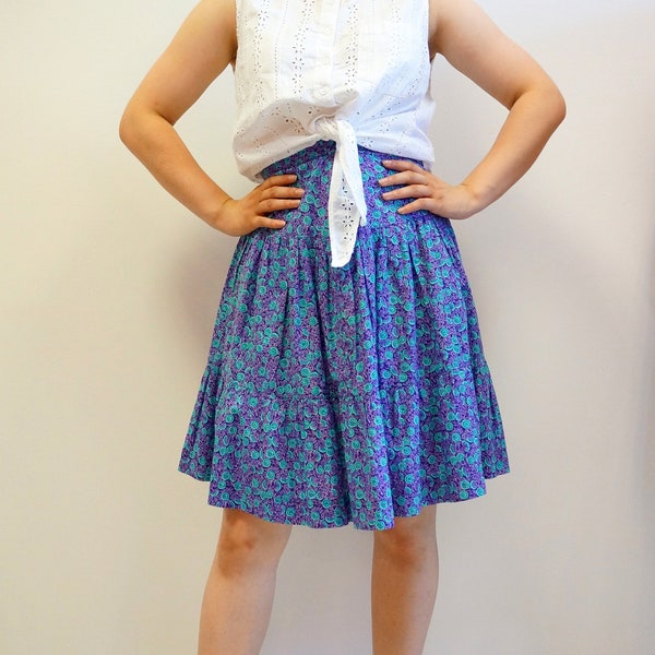 cotton purple skirt, floral midi mini skirt in purple, blue skirt, size XS,S