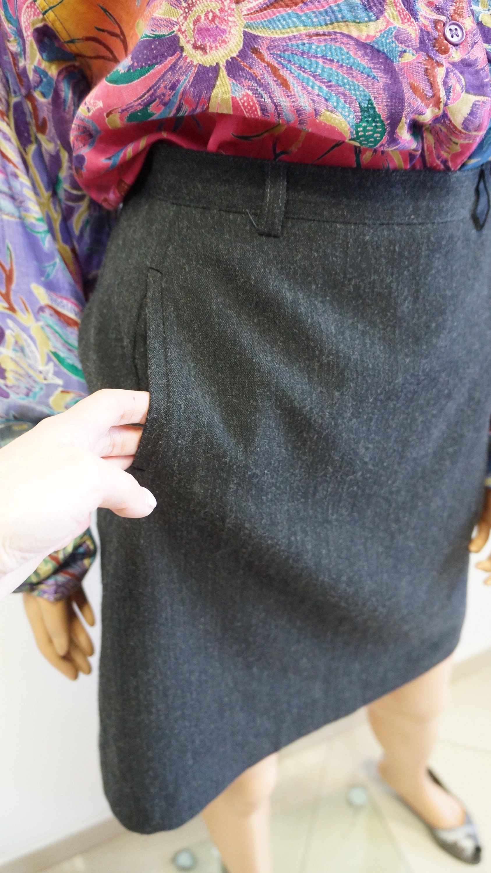 Graphite Wool Mini Skirt, Pockets Skirt, a Line Skirt, Small Medium