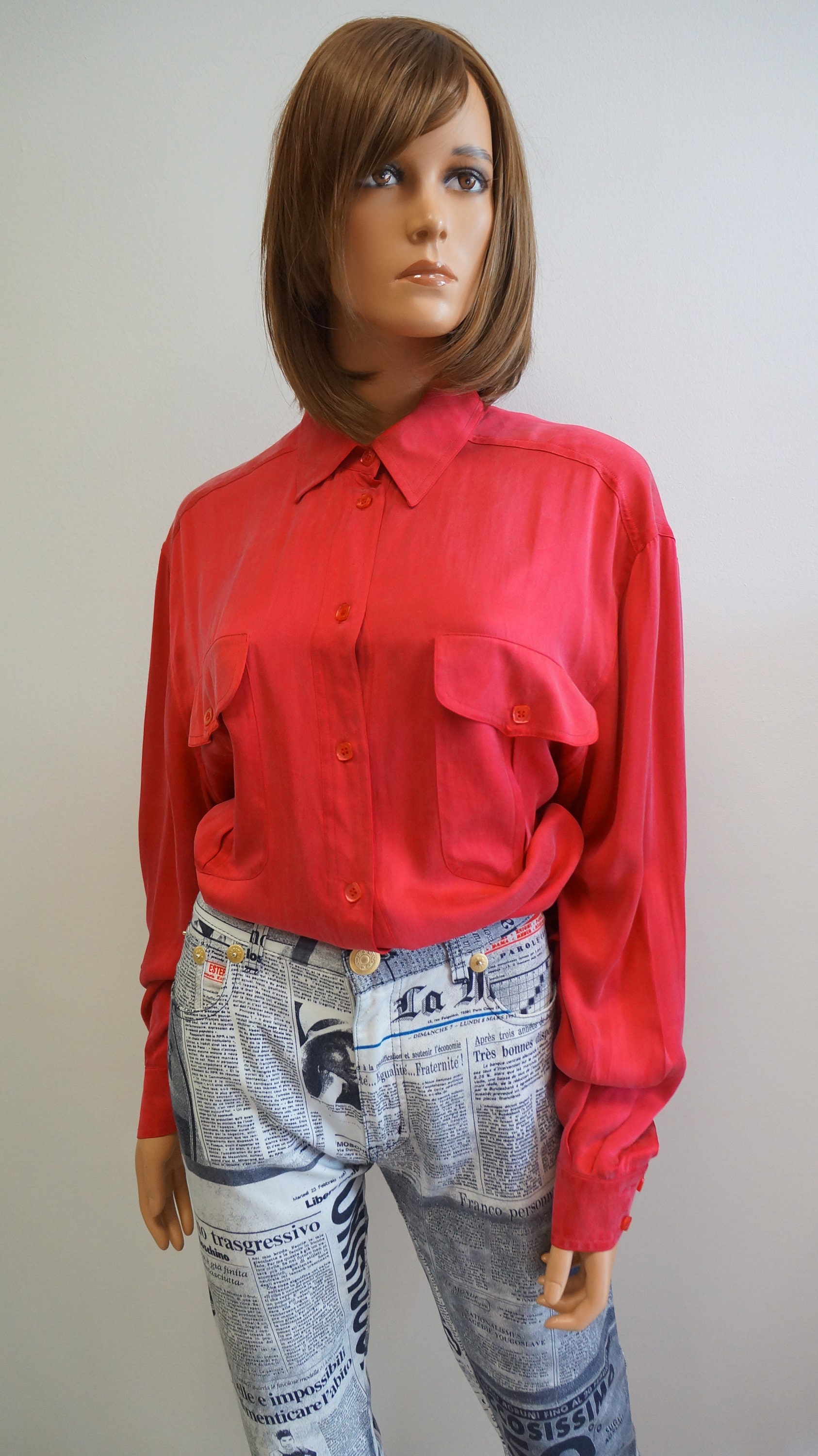 Red silky shirt blouse vintage silky blouse red blouse | Etsy