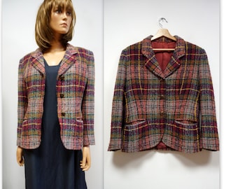 vintage jacket, woolen jacket, pink checkered jacket, size S, small jacket, blazer, vintage blazer