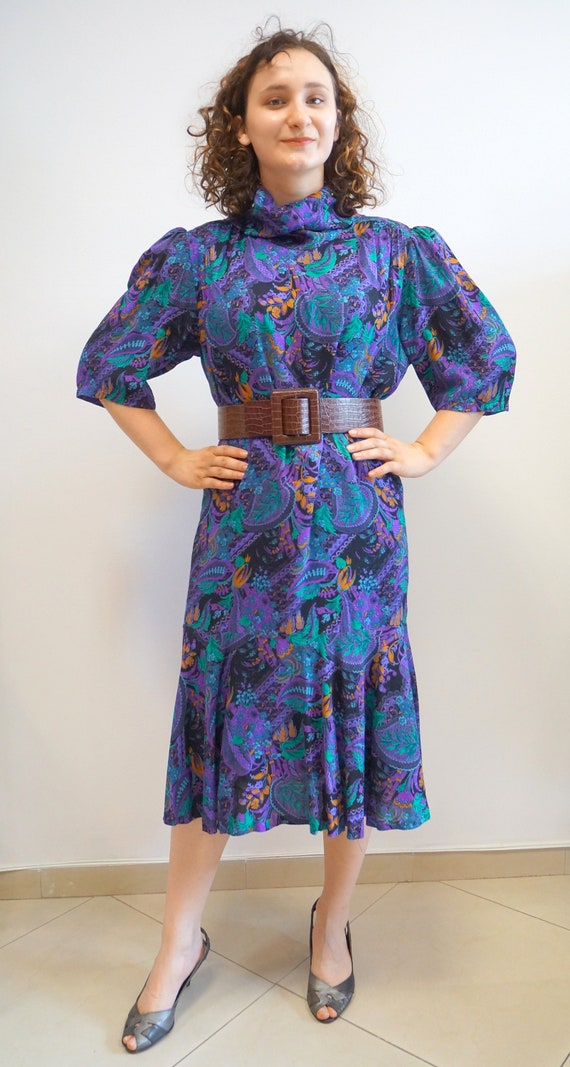 Viscoze vintage floral dress, leaves turtleneck dr