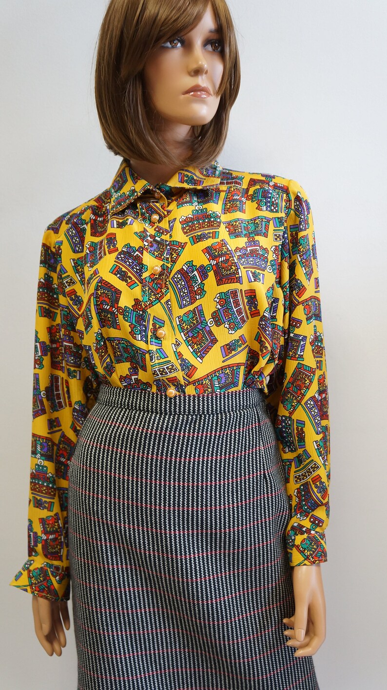 poliester shirt XXL size vintage multicolor shirt blouse yellow shirt