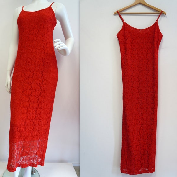 red maxi dress, vintage red dress, lace dress, vintage dress, size S M, gift for her, evening dress, party dress, long dress