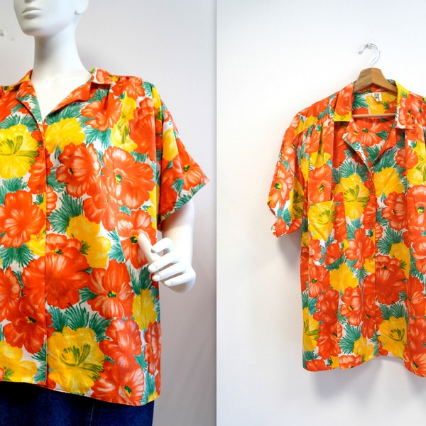 orange oversize shirt, orange floral blouse, hawaii style blouse, summer shirt, colorful shirt, vintage floral blouse, retro blouse