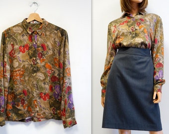 poppies shirt vintage italian brown red floral collar shirt blouse viscose, medium large size