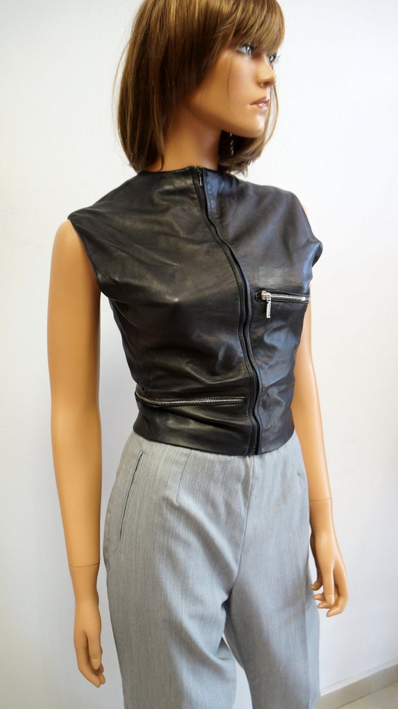 Gianni Versace leather vest,zipper vest, black lea