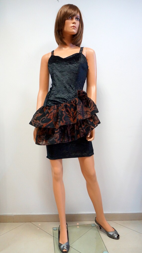 retro dress, black brown frills, lace dress, mini… - image 1