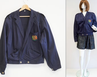 navy blue cotton blazer jacket, embroidered emblem, marine style jacket, medium size, bomber italian blazer