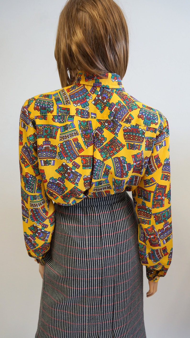 poliester shirt XXL size vintage multicolor shirt blouse yellow shirt