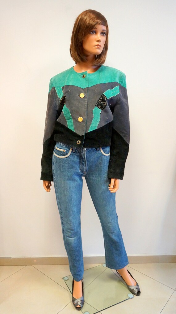 Canda vintage leather jacket, suede clocks embroid