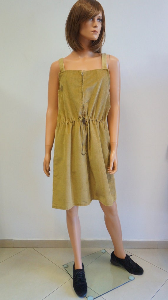 corduroy dress, vintage beige brown, bib dress, m… - image 1