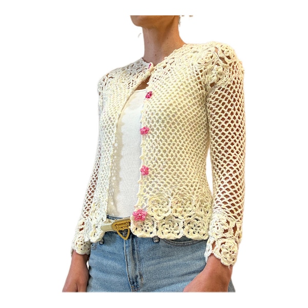 openwork handmade sweater with cute buttons, roses crochet cardigan sweater in cream, pink buttons