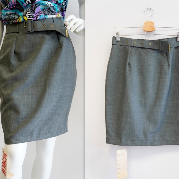 gray skirt, gray pencil skirt, vintage skirt, casual skirt, belted skirt, size M, vintage, retro, skirt, straight cut