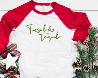 Tinsel and Tequila Raglan T-Shirt | Margarita | Christmas shirt | Xmas Drinking tshirt | Funny | 3/4 Length Sleeve | Holiday | Baseball Tee