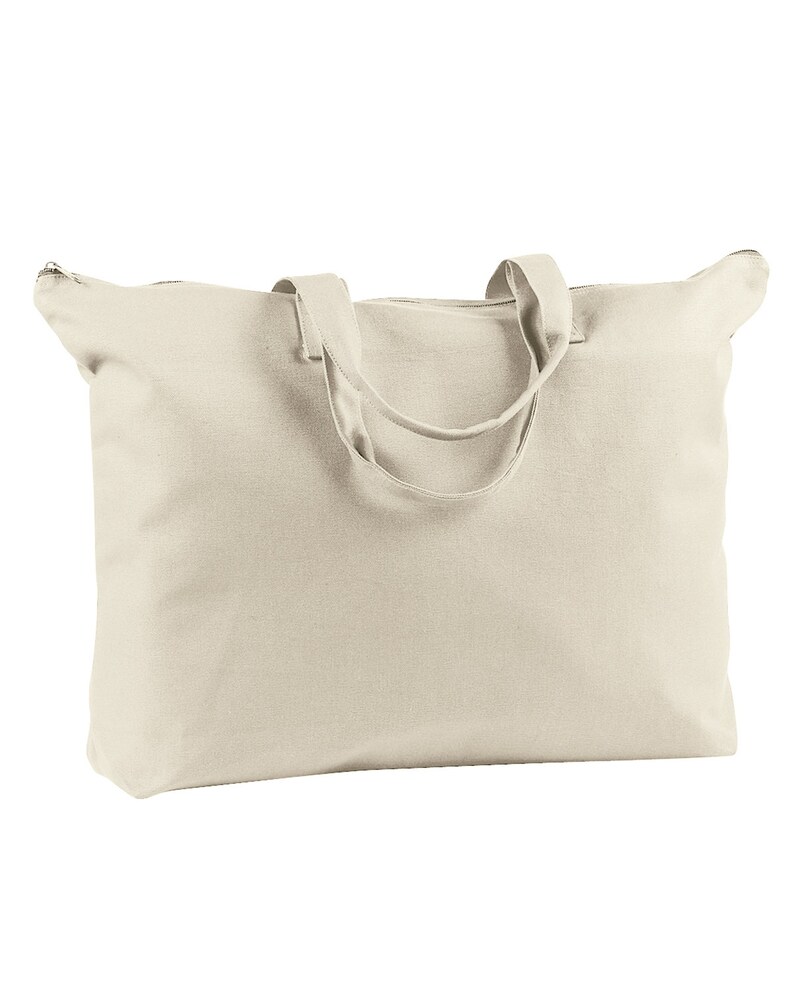 May include: A large, off-white canvas tote bag with zipper closure and two fabric handles.