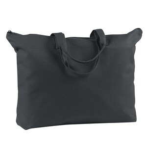 May include: A large, dark gray canvas tote bag with zipper closure and two fabric handles.