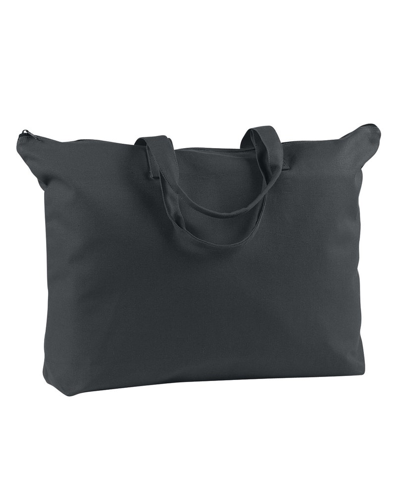 May include: A large, dark gray canvas tote bag with zipper closure and two fabric handles.