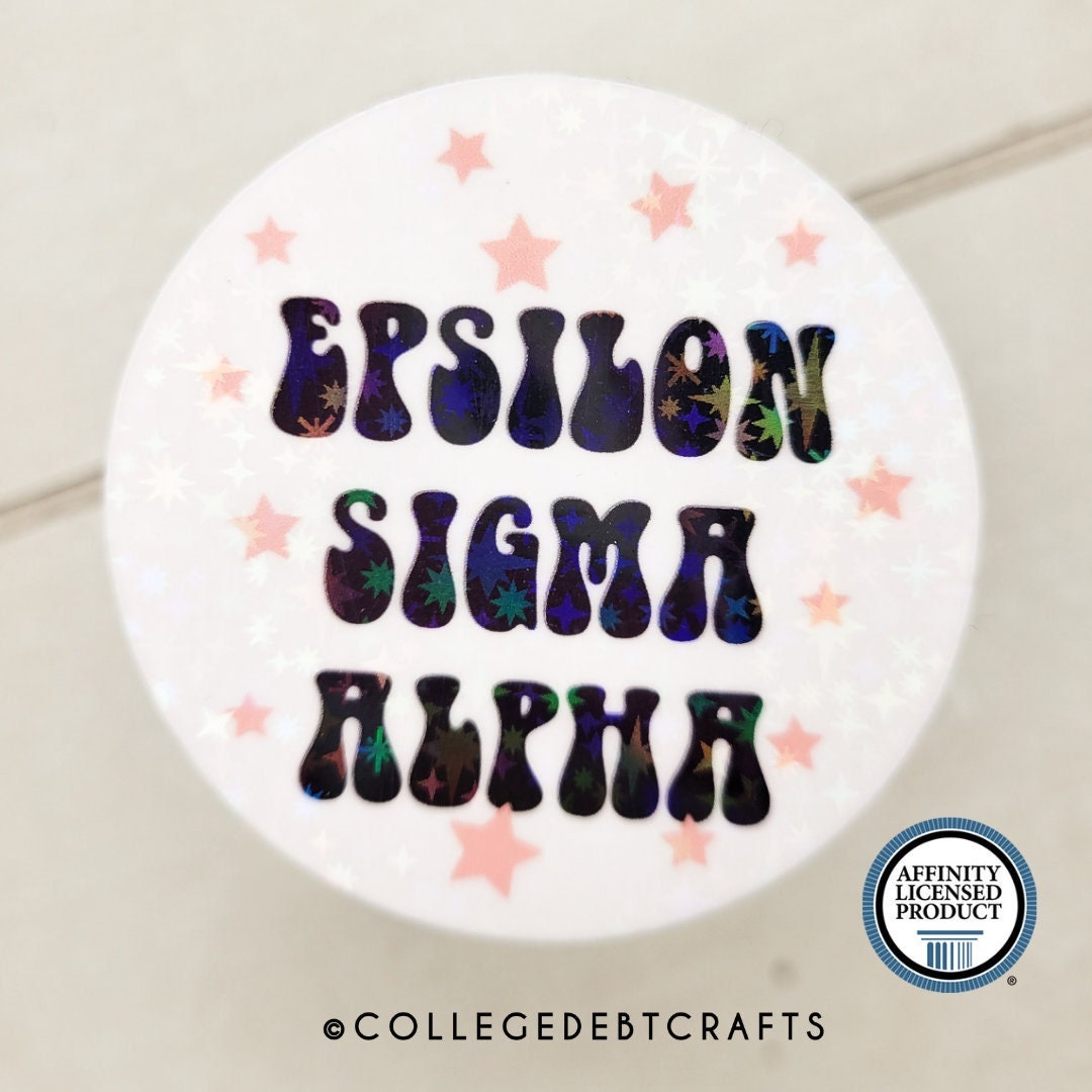 Round Holographic Epsilon Sigma Alpha Pink Stars Sticker | Groovy Pink ...