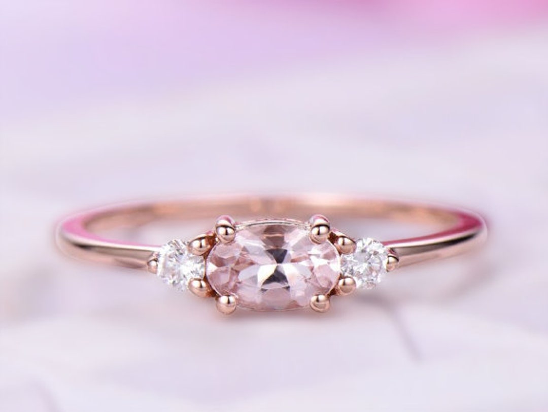 Three-stone Dainty Oval Morganite Diamond Engagement Ring in - Etsy