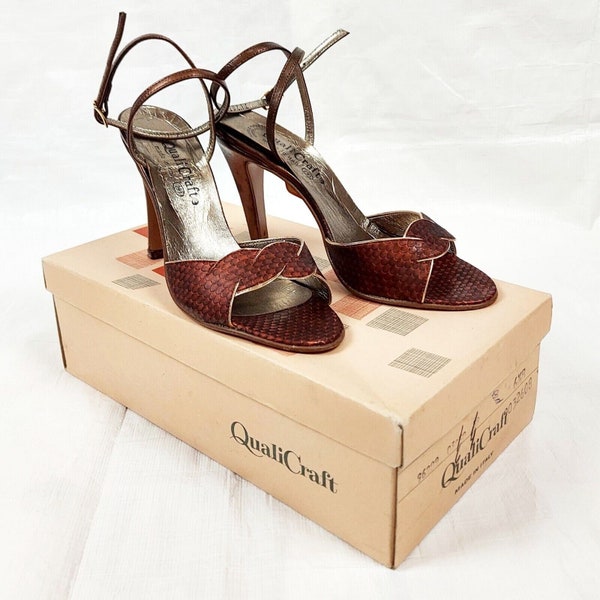 1970s QualiCraft Strappy Heels, Box, Brown, Vintage 70s Women's Shoes Heeled Sandals