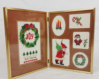 1970s Christmas Cross Stitch Folk Art, Hinged Folding Metal Frame, Handmade, Vintage Retro Holiday Home Decor, Candle Candy Wreath Santa