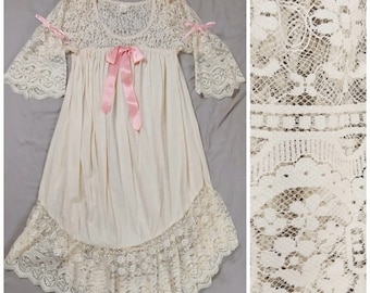 1970s Cotton Gauze / Lace Dress, Beige Cream, Vintage Women&#39;s Clothing Clothes, Pink Ribbon, Retro Groovy Hippie 70s, Fairycore Granny Chic