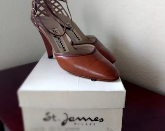 1960er Jahre St James Milano Italienische Kalbsleder Lattice Heel Pumps, Vintage 60er Jahre Heels Damen Größe 36 Schuhe Braun, Work Business Cocktail Strap