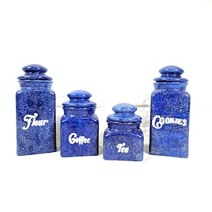 1990s Hand Cast Ceramic Kitchen Canister Set, Blue White Speckled, Cookies Flour Coffee Tea, Vintage 90s Home Decor Storage Organization