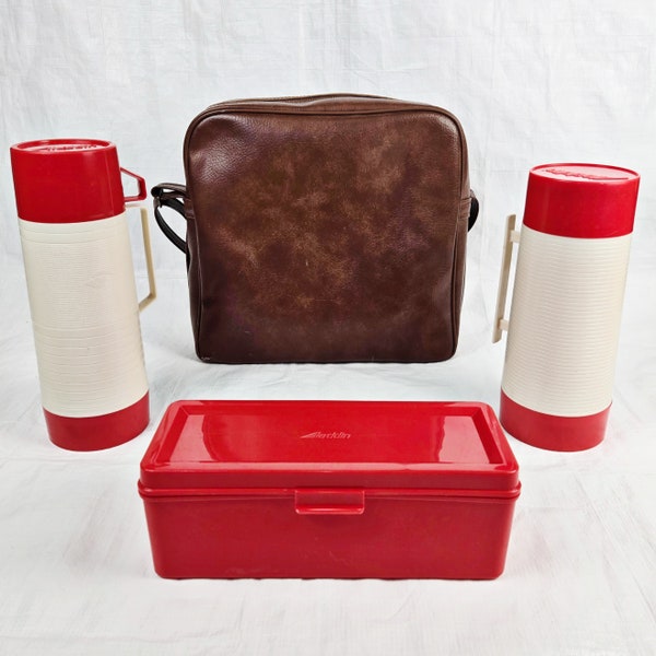 1960s Aladdin Picnic Set, 4 Piece, 2 Thermos Hy-Lo Wide Mouth & Dura-Clad, Lunch Box Leather Bag w/ Strap, Made Tennessee USA, Vintage 60s