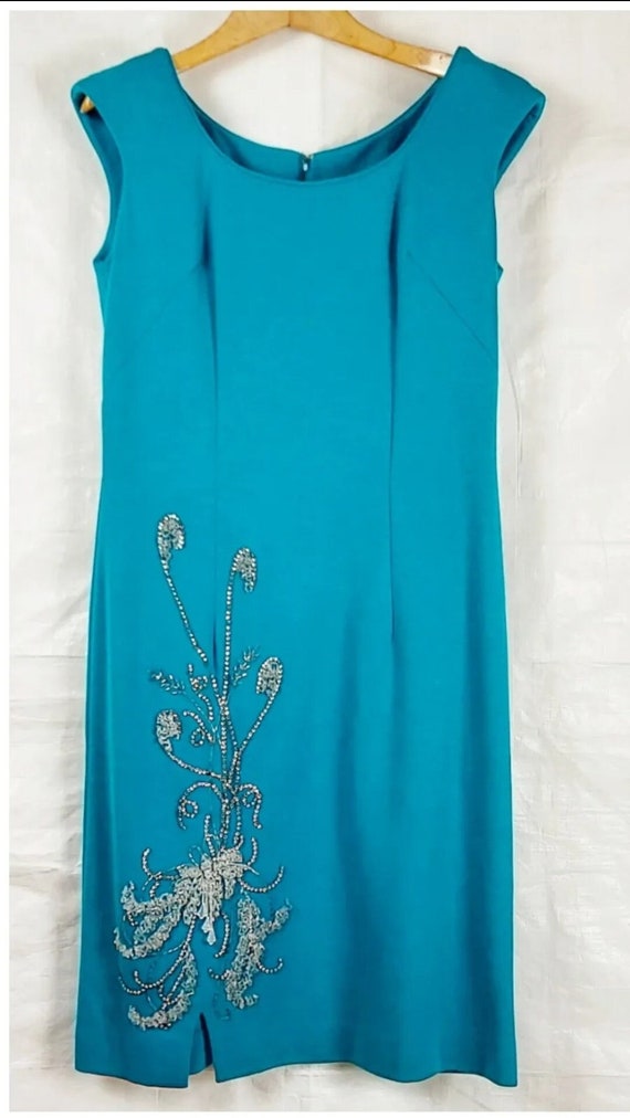 1960s ILGWU Beaded Dress, Sleeveless, Turquoise, … - image 2