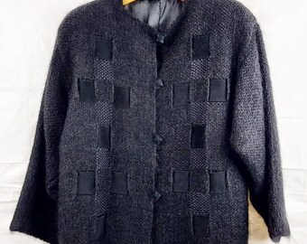 1980s Chenille & Suede Tab Oversized Sweater, Fuzzy Black, Vintage 80s Over Stuffed Women's Winter Clothing