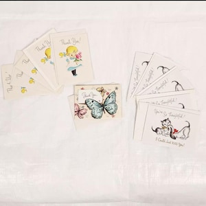 Cartes de remerciement et enveloppes des années 1940, lot de 11, éphémères en papier vintage, chatons papillon, chiots, petite fille