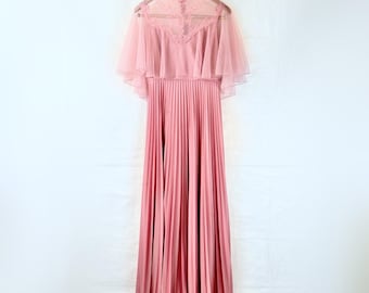 1970s ILGWU Extreme Flare Prom Dress w/ Lace Capelet & Empire Waist, Full Length, Pleated Skirt, Vintage 70s Spring Formal Homecoming,