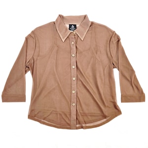 Blusa transparente con camisola Anxiety Cafe, años 90, talla XL extragrande, abotonada, hecha en EE. UU., marrón, Rachel Green Living Single, vintage para mujer