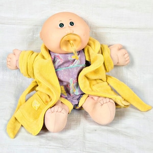 1980s Cabbage Patch Kids Doll w/ Authentic Bath Robe Pacifier Jumper / Onsie, Vintage 80s Kids Toys Cartoons TV, White Bald Green Eyes