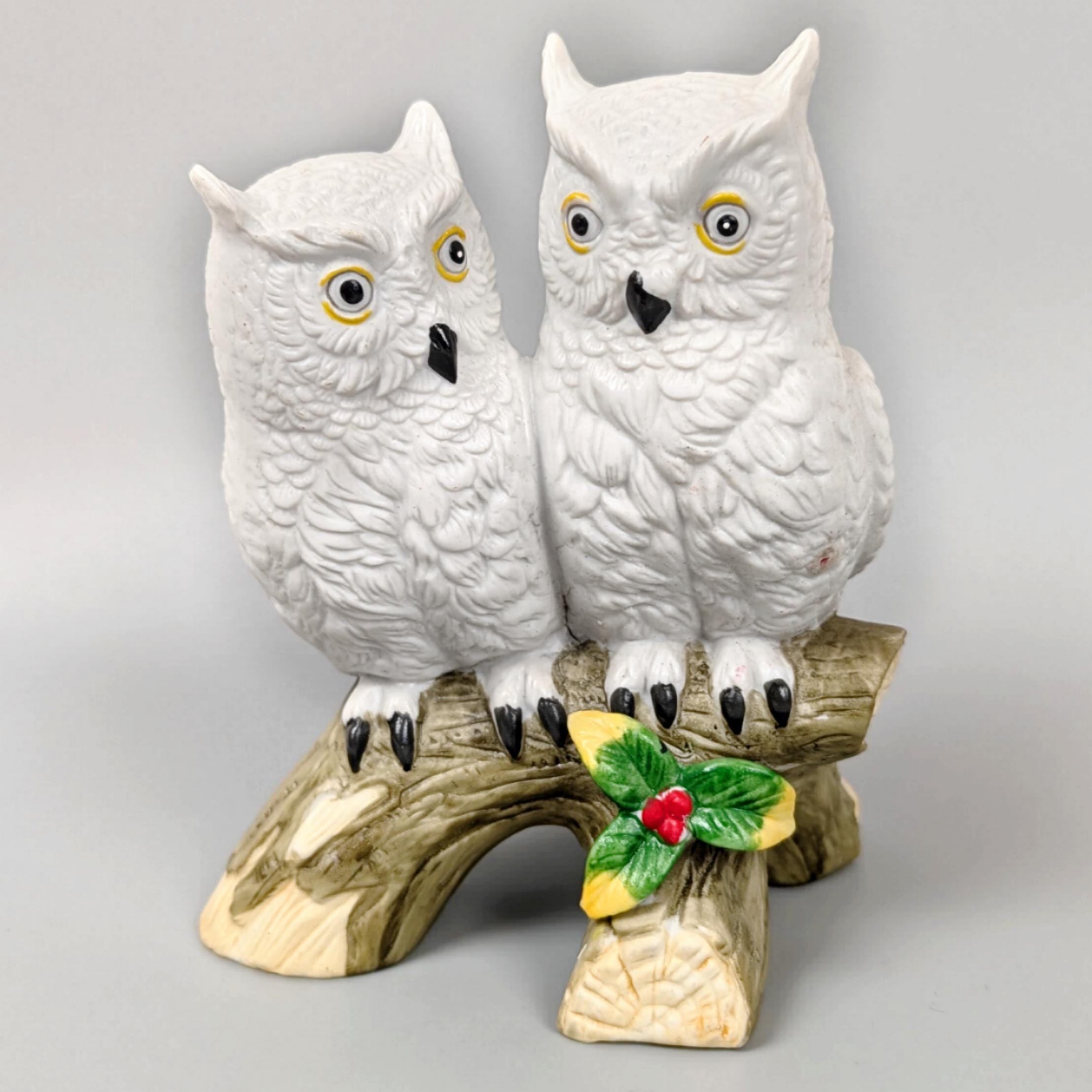 1970s Snow Owls on Holly Branch Figurine, Ceramic, Vintage 70s Home Decor Animal Bird Birds Forest W