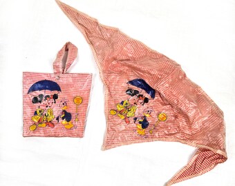 1950s Disney Vinyl Headscarf / Hair Rain Cover Shield w/ Mini Strapped Tote, Vintage 50s Midcentury Disneyland World, Red Gingham Disneyana