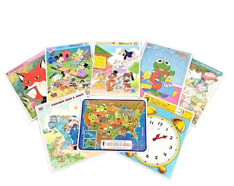 Vintage Frame Tray Children's Puzzles, Lot 8, 1960s 60s 1970s 70s 1980s 80s, Pound Puppies Clock Map Disney Raggedy Ann Kermit Lamb Fox