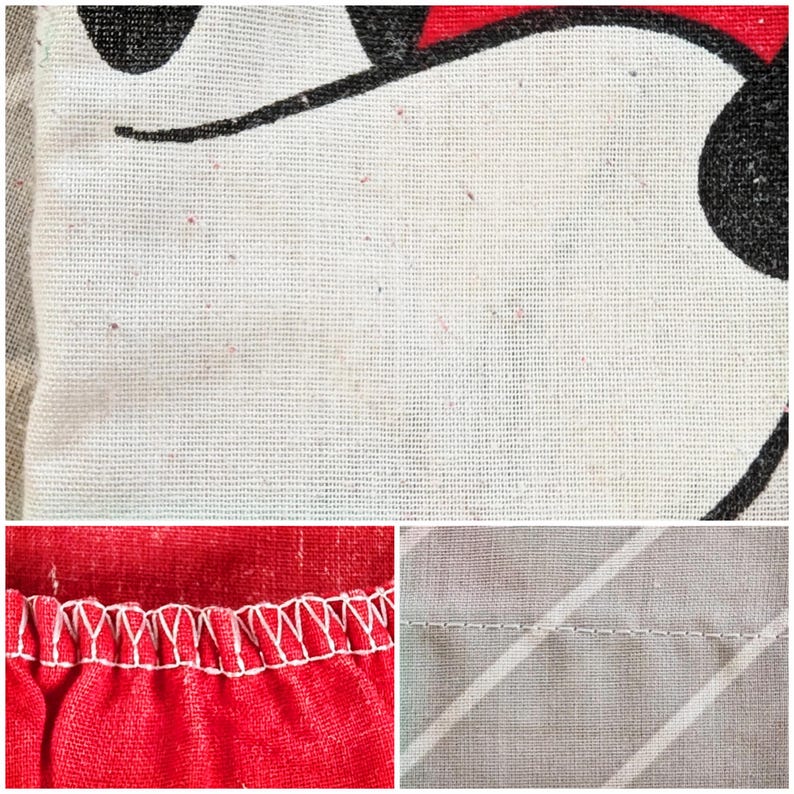 1990-tals Musse Pigg 4-delat sängklädset med överkast, lakan och örngott, vintage 90-tals Disney sovrumsdekoration i popkonststil, tillverkad i USA bild 7