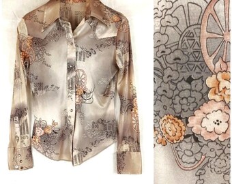 1970s Panhandle Slim Blouse Shirt, Western Wear, Vintage Women's Clothing 70s, Wagon Wheel, Faux Pearl Snaps
