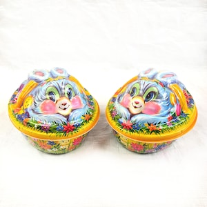 1960s Molded Plastic Easter Bunny Rabbit Candy / Egg Container w/ Lid, Lot 2, Vintage 60s Home Holiday Spring Ostara Decor Display
