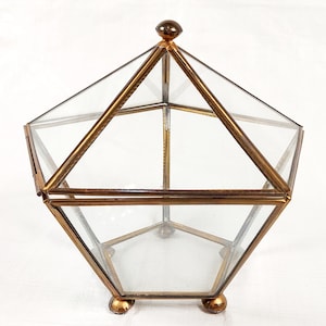 1960s Pentagonal Terrarium Display Case, Glass Brass, 7 Inch, Hinged Lid,