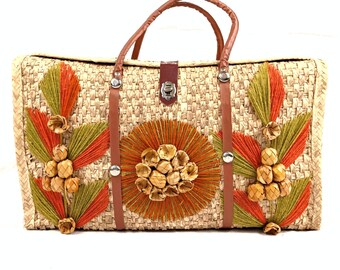 1960s Cozumel Raffia Overnight Bag / Tote w/ Handles, Vintage 60s Travel Vacation Destination Mexico Mexican Floral Flowers Orange Green